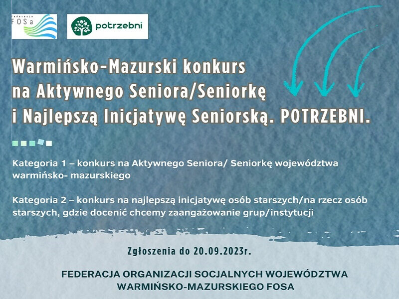 Organizatorem konkursu są Federacja Organizacji Socjalnych Województwa Warmińsko-Mazurskiego FOSa we współpracy ze Społeczną Radą Seniorów Województwa Warmińsko- Mazurskiego.